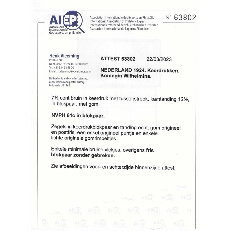 Nederland 61b/61c Keerdrukken in blokparen  MNH/postfris CV 2000 € Certificaat!!