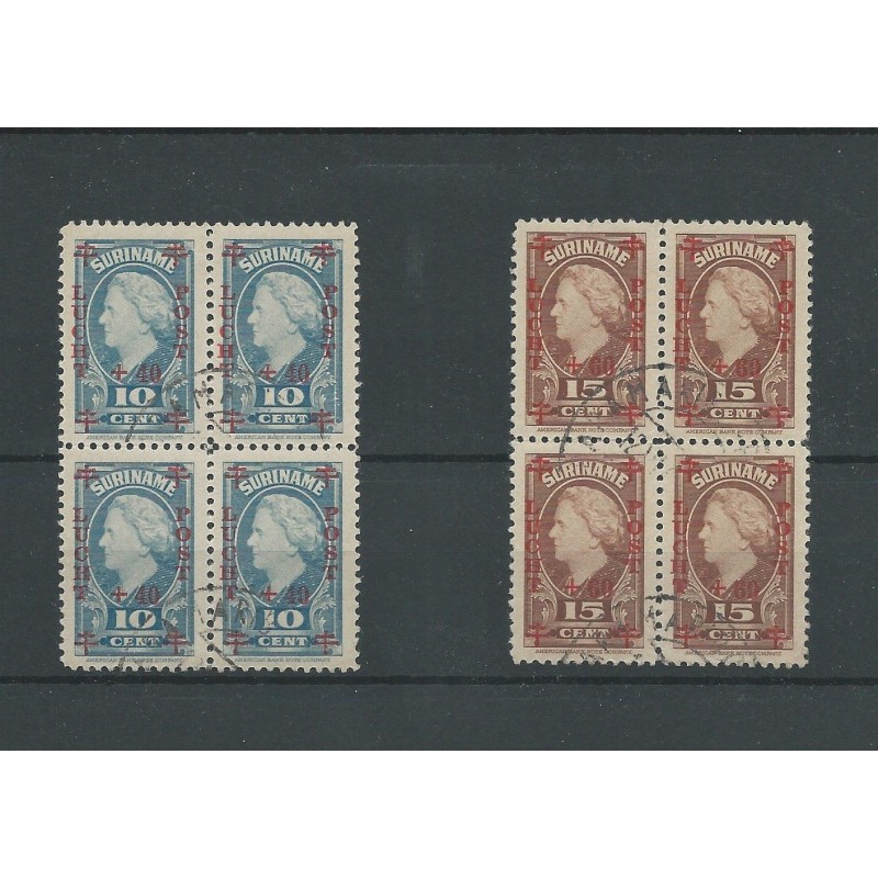 Suriname LP27-28 luchtpost Blokken van 4 VFU/gebr CV 25+ € Suriname LP27-28 luchtpost Blokken van 4 VFU/gebr CV 25+ €