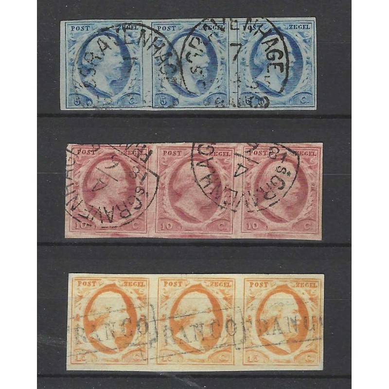 Nederland 1-3 Willem 1852 strippen van 3 VFU/gebr CV 1950 € Nederland 1-3 Willem 1852 strippen van 3 VFU/gebr CV 1950 €
