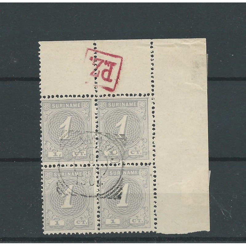 Suriname 16 Hoekblok met Velrandteken P.Z. in rood VFU/gebr  CV  ?? €