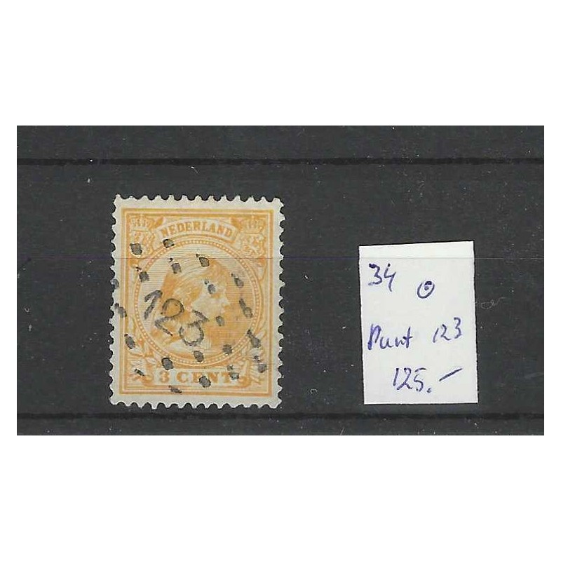 Nederland 34 Wilhelmina met puntstempel 123 VFU/gebr  CV 125 €