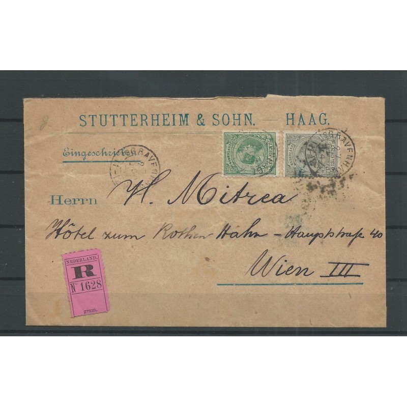 Nederland 38 en 41 op R-Mengfrankering Den Haag-Wenen 1894 CV 225 € Nederland 38 en 41 op R-Mengfrankering Den Haag-Wenen 1894 CV 225 €