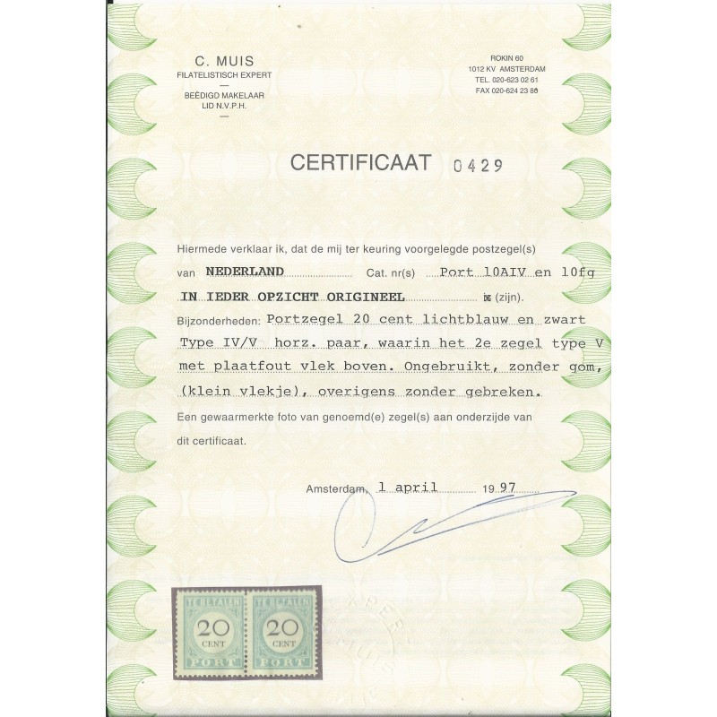 Nederland P10-AIV/P10fg paar plaatfout MH/ongebr CV 425 € Certificaat Nederland P10-AIV/P10fg paar plaatfout MH/ongebr CV 425 € Certificaat