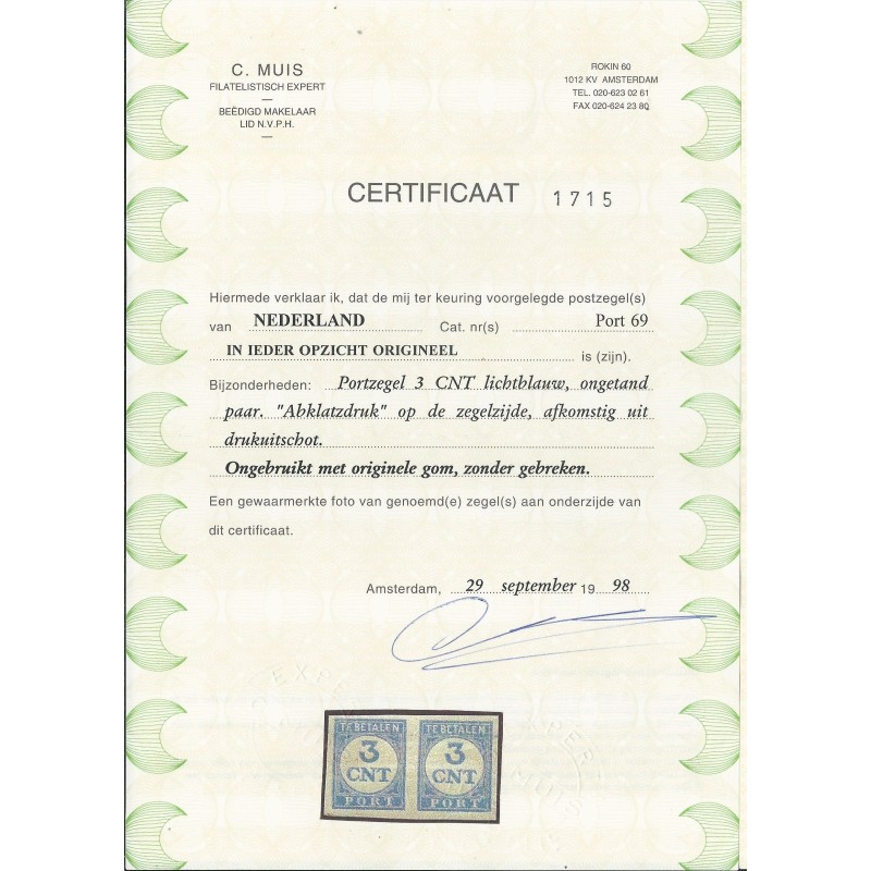 Nederland P69 paar ONGETAND !! MH/ongebr CV ?? € Certificaat !!! Nederland P69 paar ONGETAND !! MH/ongebr CV ?? € Certificaat !!!
