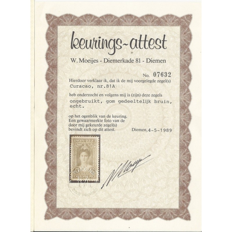 Curacao 81A Wilhelmina 5Gld MH/ongebr CV 750 € Certificaat !!! Curacao 81A Wilhelmina 5Gld MH/ongebr CV 750 € Certificaat !!!