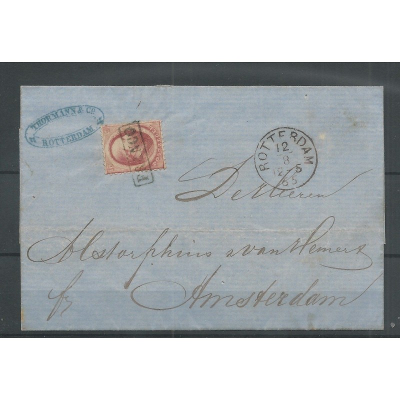 Nederland 5 op brief Rotterdam-Amsterdam 1865 VFU/gebr CV 40+ € Nederland 5 op brief Rotterdam-Amsterdam 1865 VFU/gebr CV 40+ €
