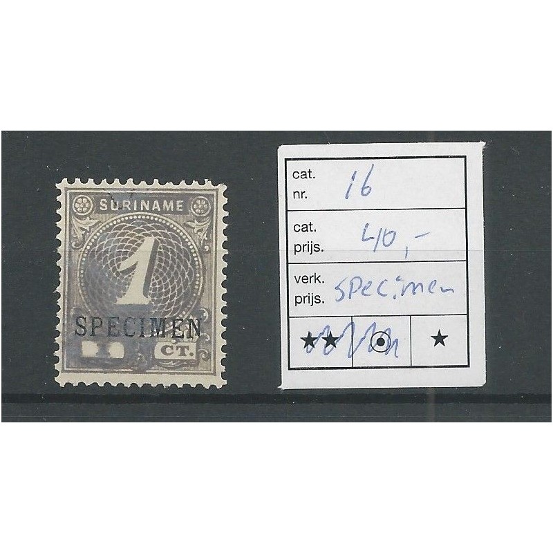 Suriname 16 Cijfer SPECIMEN MH/ongebr CV 40 € Suriname 16 Cijfer SPECIMEN MH/ongebr CV 40 €