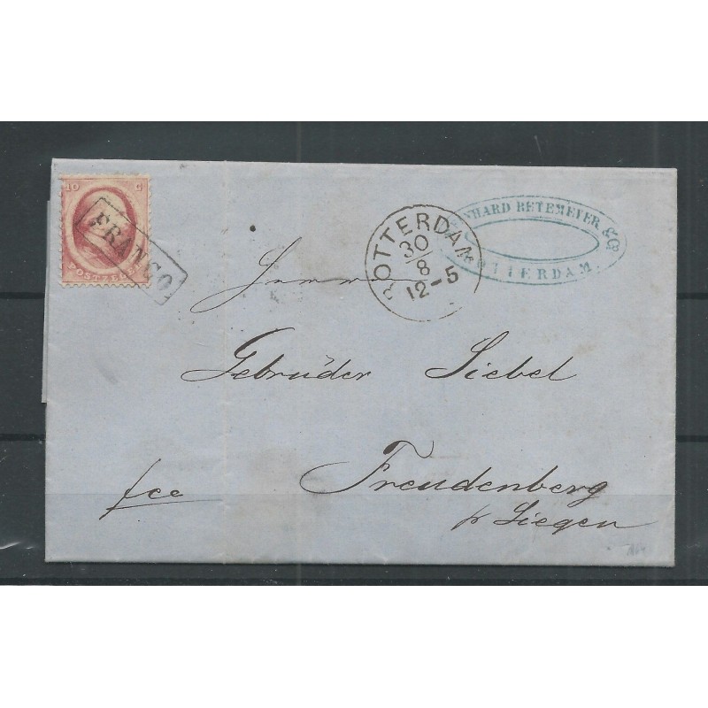 Nederland 5 op brief 1864 ROTTERDAM-SIEGEN VFU/gebr CV 50+ € Nederland 5 op brief 1864 ROTTERDAM-SIEGEN VFU/gebr CV 50+ €