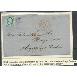 Nederland 1p  plt V  op brief ROTTERDAM-hoge/lage Zwaluwe 1862 CV 575€