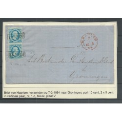 Nederland 1o  plt V vertikaal paar brief HAARLEM-Groningen CV 200+ €