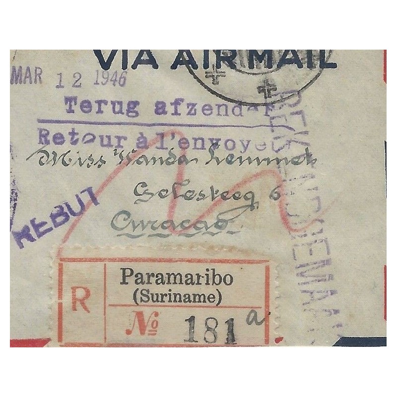 Suriname LP27-28 Rode Kruis op R-Brief Curacao en terug Suriname VFU/gebr CV 100+ € Suriname LP27-28 Rode Kruis op R-Brief Curacao en terug Suriname VFU/gebr CV 100+ €