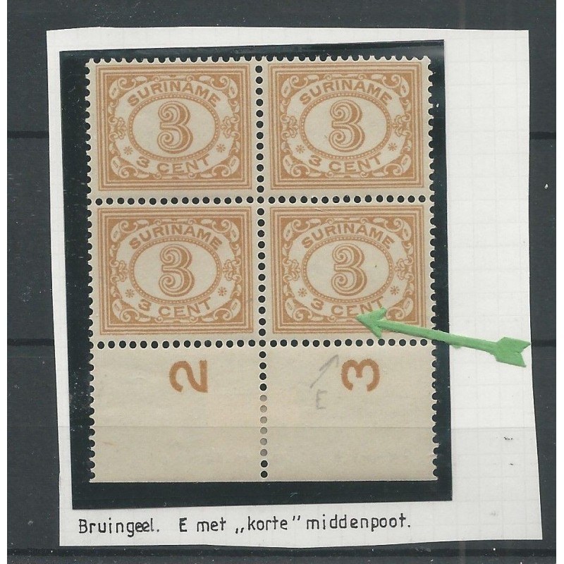 Suriname 74PM Cijfer blokje met plaatfout MNH/postris CV 45+ € Suriname 74PM Cijfer blokje met plaatfout MNH/postris CV 45+ €