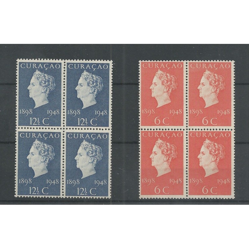 Curacao 196-197 Wilhelmina blok van 4 MNH/postfris CV 10+ € Curacao 196-197 Wilhelmina blok van 4 MNH/postfris CV 10+ €