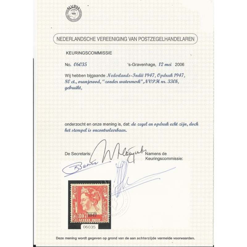 Ned. Indie 330b Hulpuitgifte VFU/gebr CV 300 € certificaat !! Ned. Indie 330b Hulpuitgifte VFU/gebr CV 300 € certificaat !!