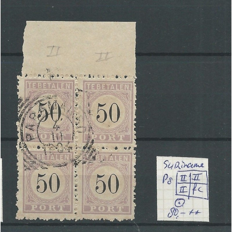 Suriname P8/P8fc blok 4 met Type II VFU/gebr CV 80+ € Suriname P8/P8fc blok 4 met Type II VFU/gebr CV 80+ €
