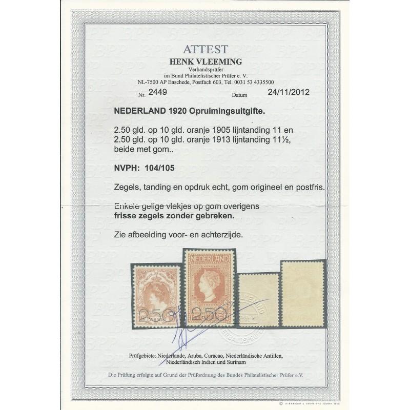 Nederland 104-105PM Opruimingsuitgifte MNH/postfris CV 1175 € Certificaat !! Nederland 104-105PM Opruimingsuitgifte MNH/postfris CV 1175 € Certificaat !!