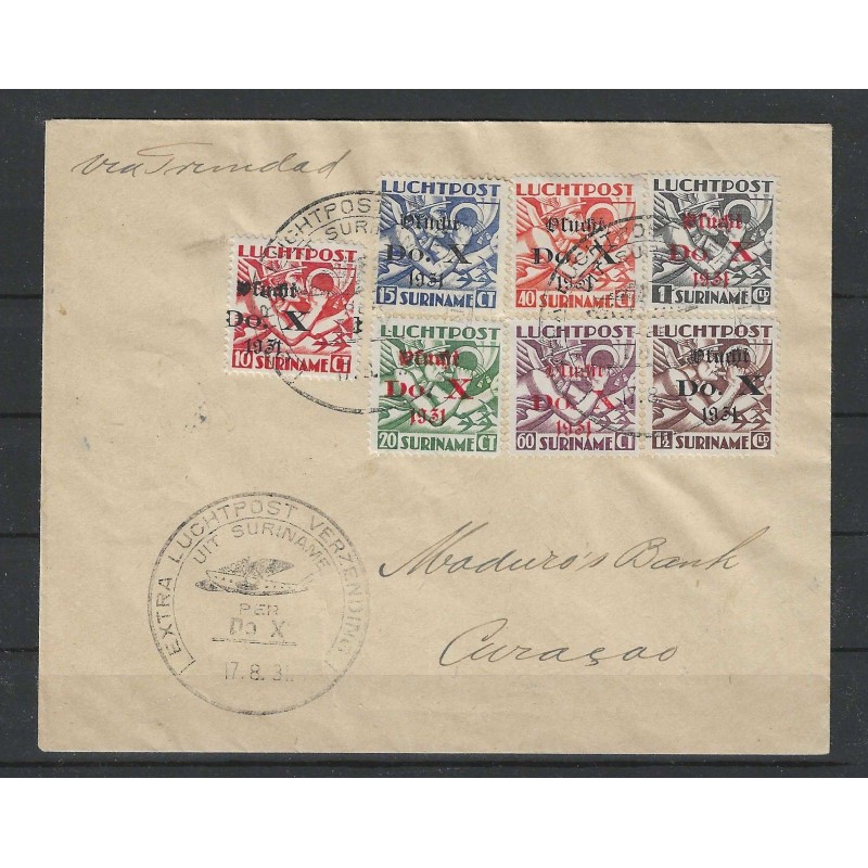 Suriname LP8-14 DO-X op brief naar Curacao 17-8-1931 CV 400 € Pracht !! Suriname LP8-14 DO-X op brief naar Curacao 17-8-1931 CV 400 € Pracht !!