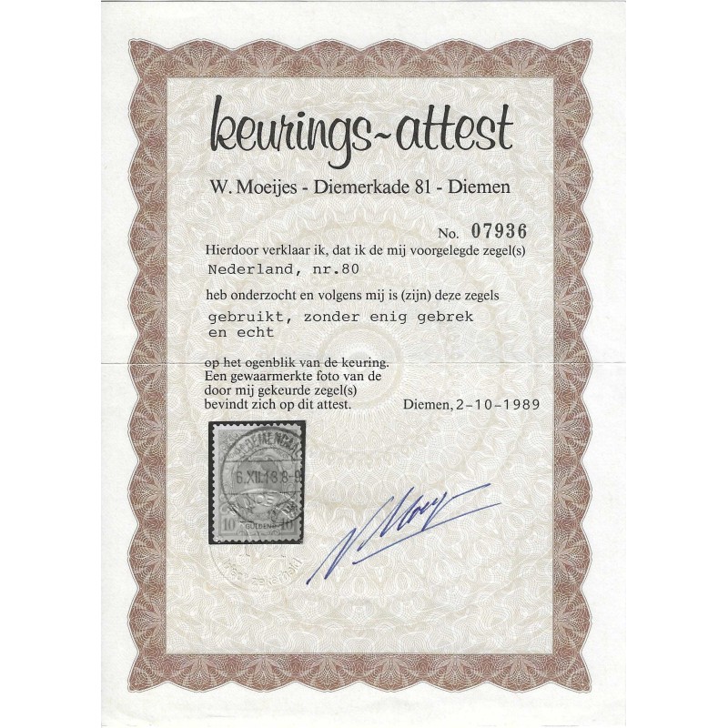 Nederland 80 Wilhelmina "BLOEMENDAAL 1918" langebalk VFU/gebr CV 750 € Certificaat !! Nederland 80 Wilhelmina "BLOEMENDAAL 1918" langebalk VFU/gebr CV 750 € Certificaat !!